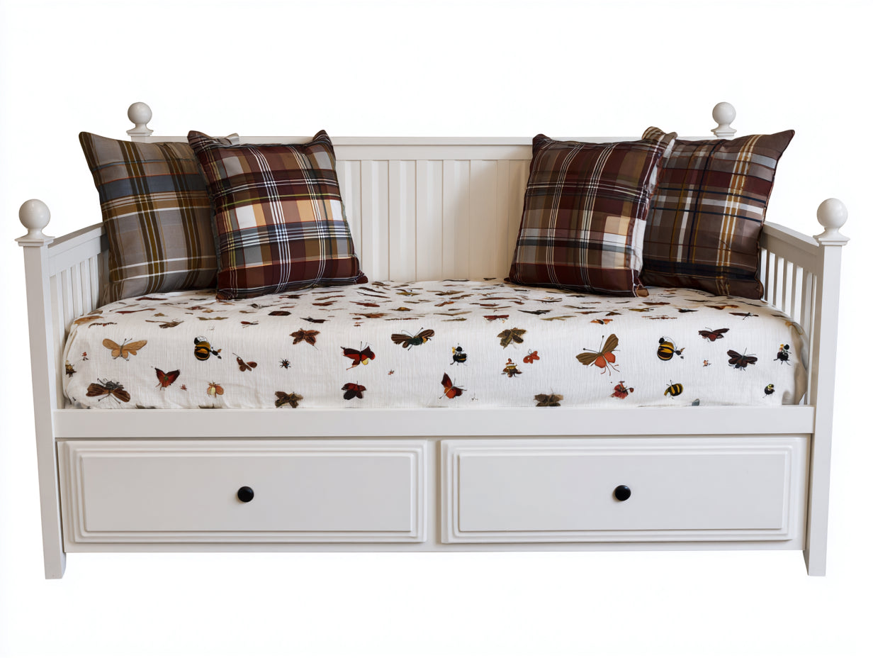 Schlafsofa aus Massivholz 205 x 100 x 105 cm für Gästezimmer und Wohnzimmer - Weiß - Landhausstil mit 2 Schubladen