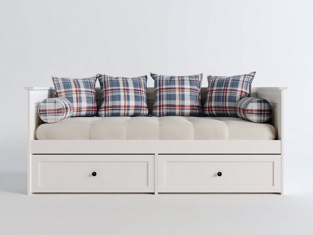 Schlafsofa aus Holzwerkstoff mit Stoffpolster 205 x 95 x 92 cm - Weiß und Beige - Landhausdesign mit 2 Schubladen