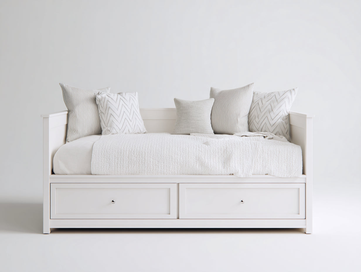 Schlafsofa aus Holzwerkstoff mit Stoffpolster 205 x 95 x 88 cm - Weiß - Landhausdesign mit 2 Schubladen