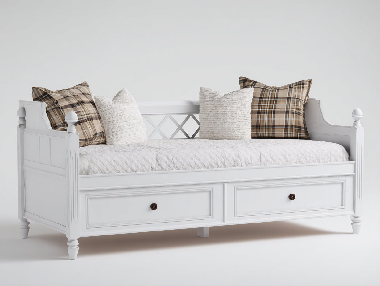 Schlafsofa aus Holz und Holzwerkstoff 205 x 100 x 95 cm - Weiß - Landhausstil mit 2 Schubladen und Stauraum
