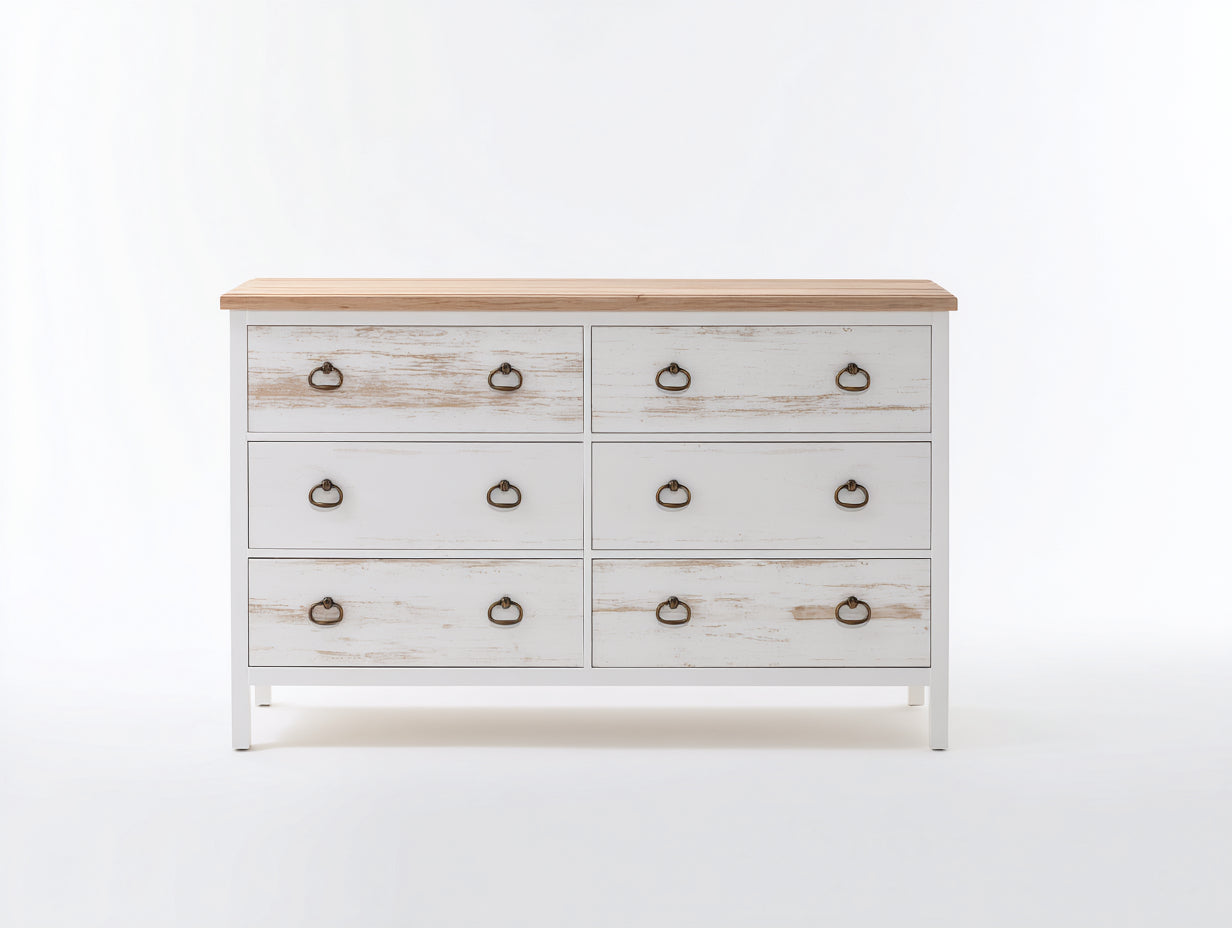 Kommode mit Schubladen aus Holz 120 x 40 x 85 cm - Weiß und Natur - 6 Schubladen für Flur und Schlafzimmer im Landhausstil