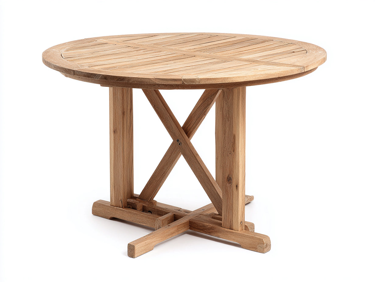 Gartentisch aus Holz 120 x 120 x 75 cm - Naturbraun - Runder Esstisch mit Lattenplatte und Kreuzgestell