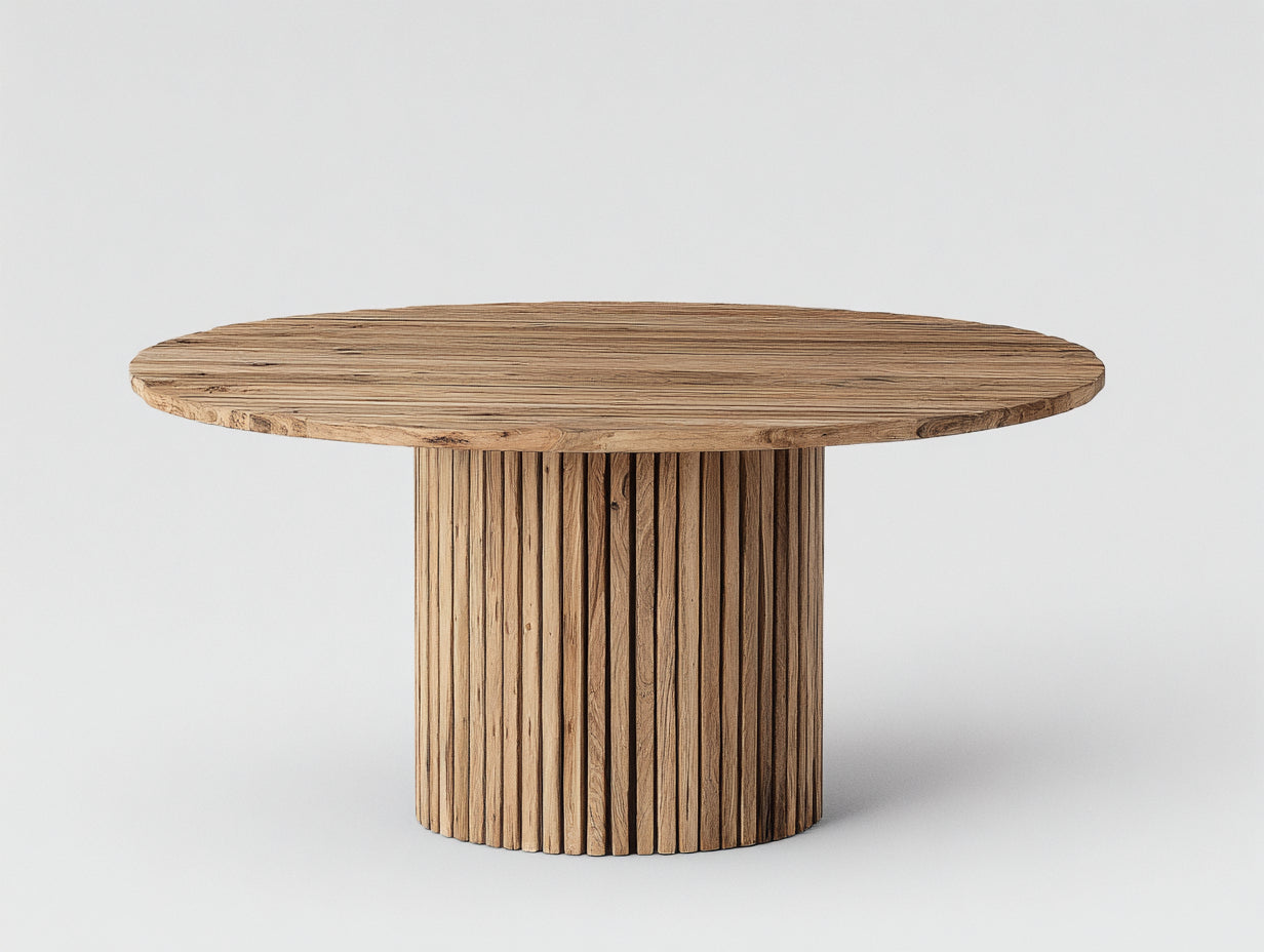 Gartentisch aus Massivholz 120 x 120 x 75 cm - Naturbraun - rund mit geriffeltem Säulenfuß