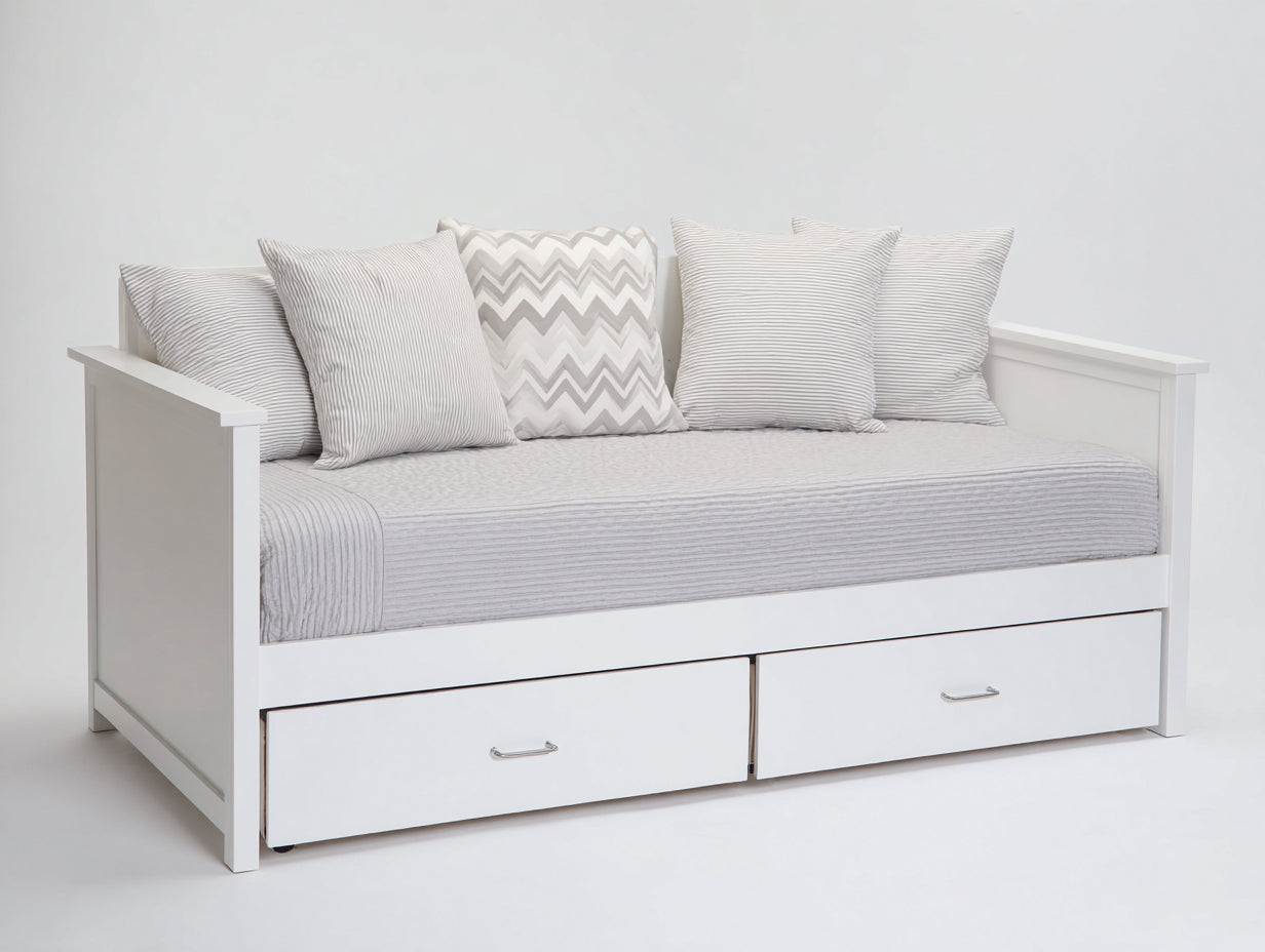 Schlafsofa aus Holzwerkstoff 205 x 95 x 85 cm - Weiß - mit 2 Schubladen im modernen Landhausstil