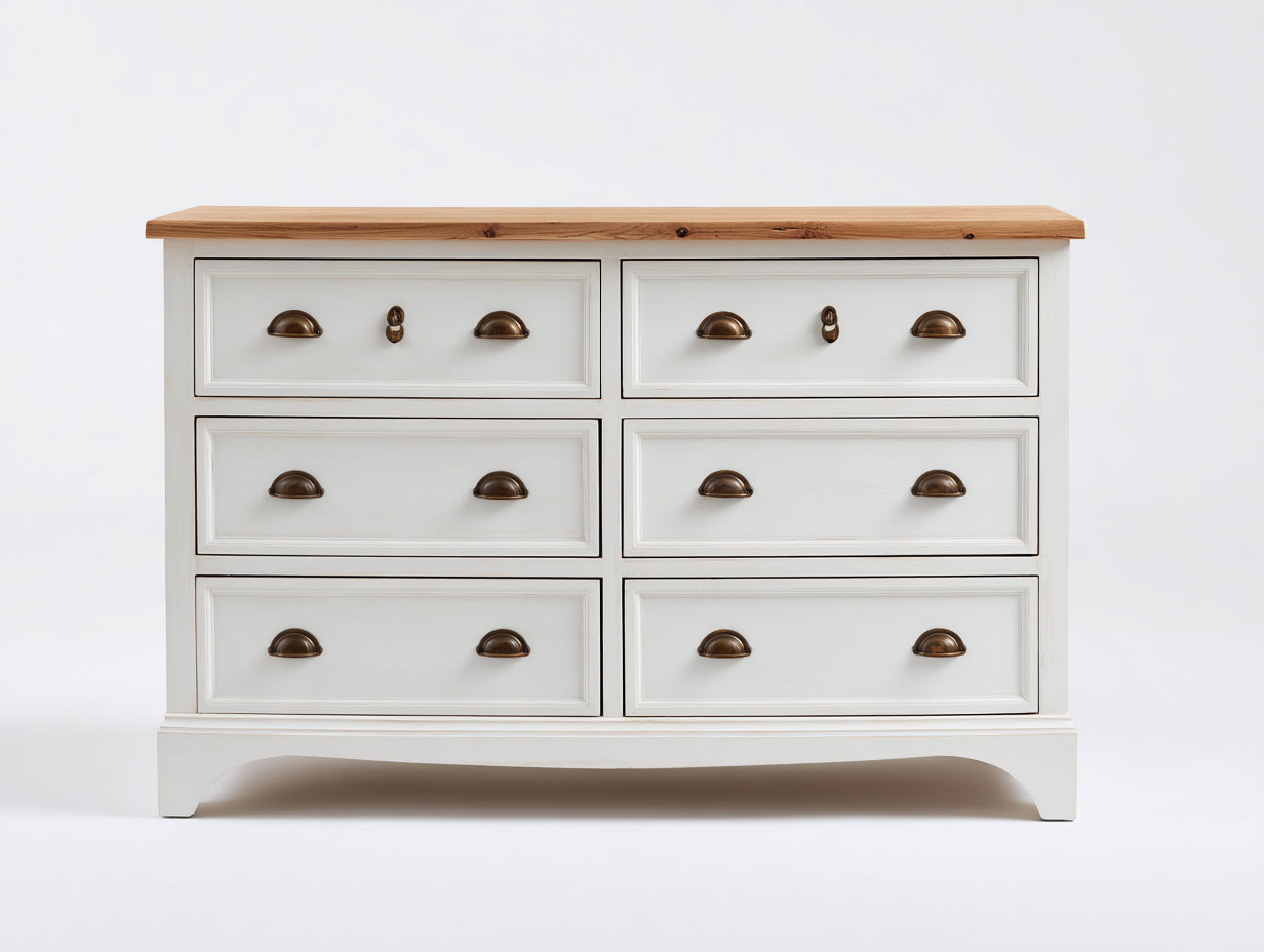 Kommode mit Schubladen aus Holzwerkstoff 135 x 45 x 88 cm für Schlafzimmer und Flur - Weiß-Natur - Landhausstil mit 6 Schubladen