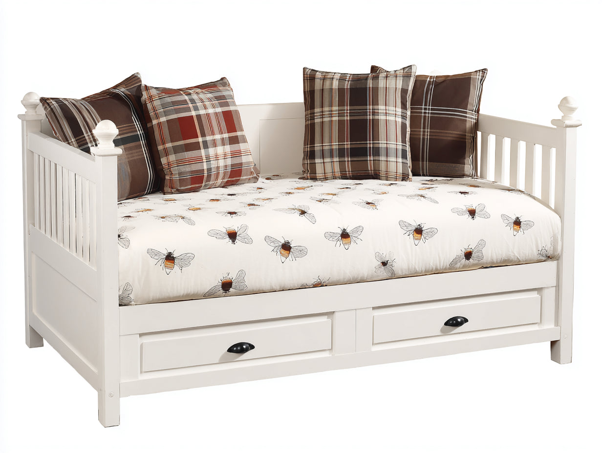 Schlafsofa aus Holz 210 x 100 x 95 cm - Weiß - Mit 2 Schubladen für Gästezimmer im Landhausstil