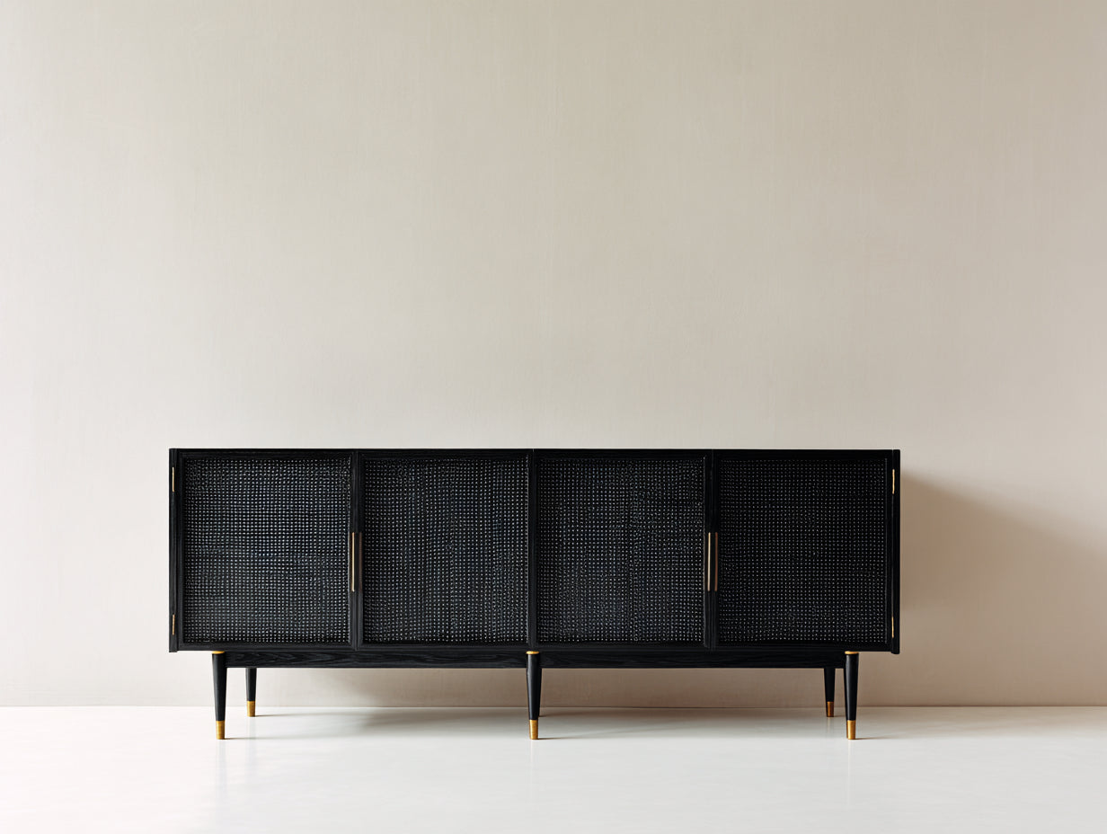 Dielenschränke aus Holzwerkstoff mit Geflechtfronten 180 x 40 x 75 cm - Schwarz und Gold - 4 Türen im Retro-Design