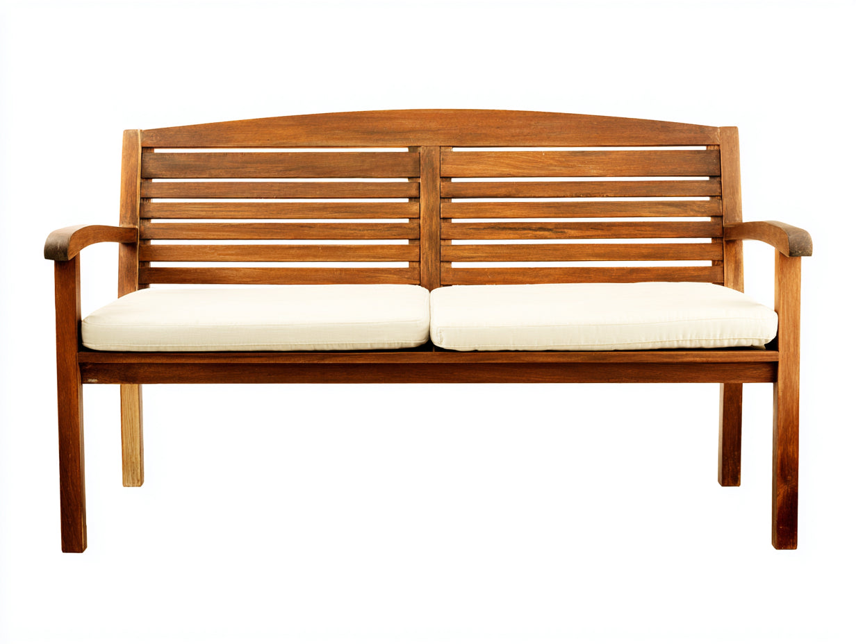 Gartenbank aus Holz 150 x 65 x 90 cm - Naturbraun und Cremeweiß - Klassisches Design mit Rückenlehne Armlehnen und 2 Sitzauflagen
