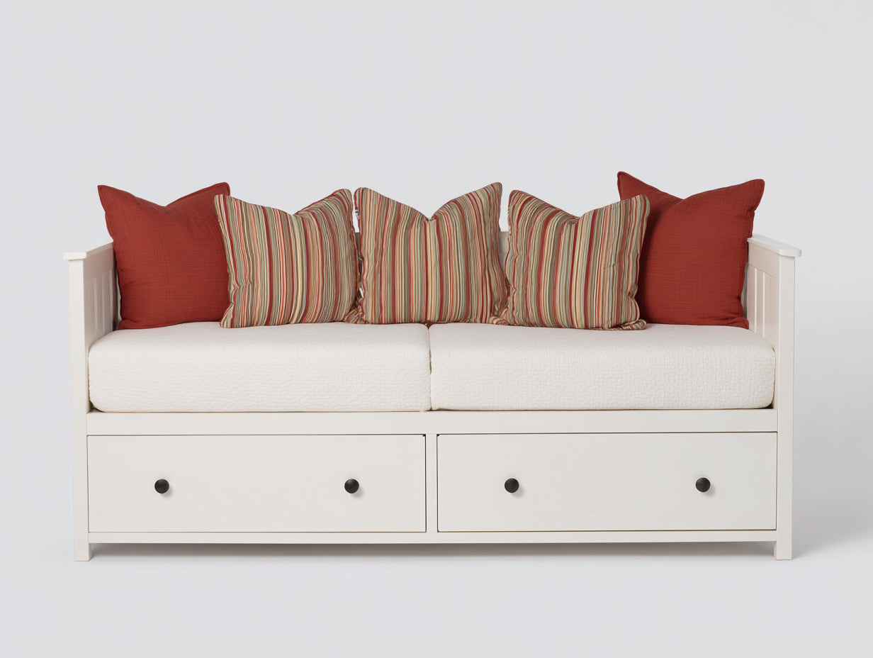 Schlafsofa aus Holzwerkstoff mit Stoffpolster 210 x 98 x 90 cm - Weiß - Landhausdesign mit 2 Schubladen