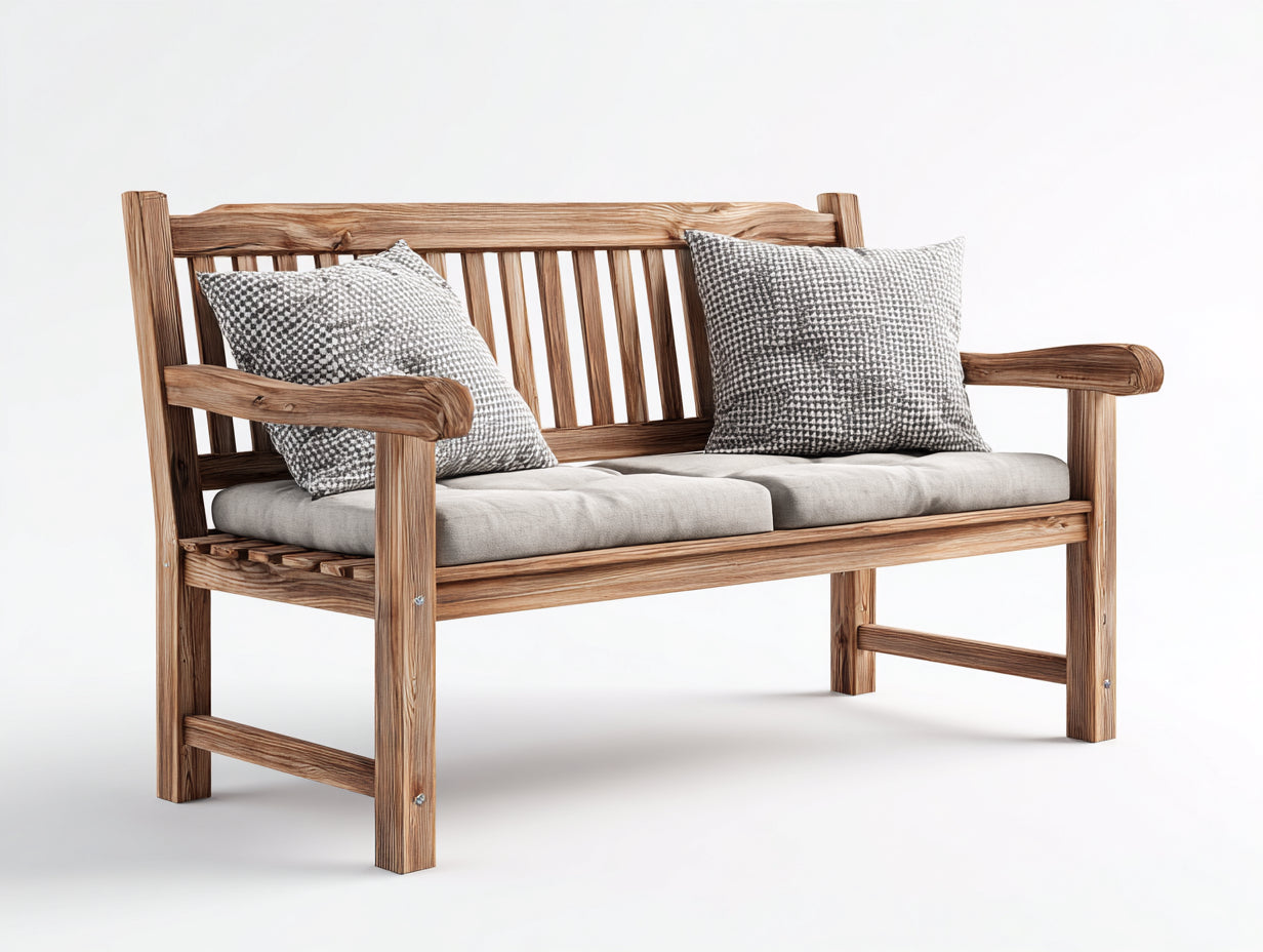 Gartenbank aus Massivholz mit Sitzpolstern 155 x 65 x 90 cm - Naturbraun und Grau - Rustikales Design mit Rückenlehne und Armlehnen