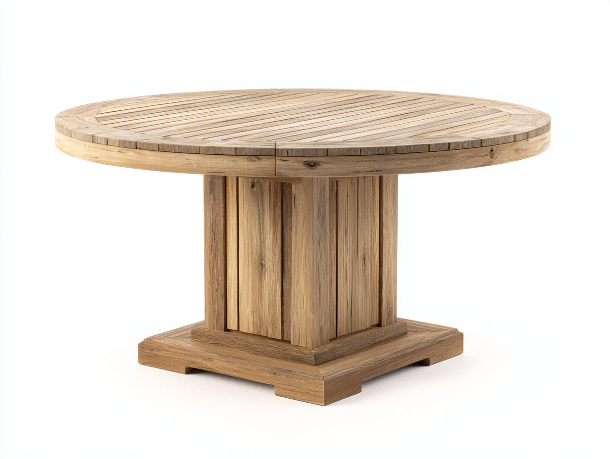 Gartentisch aus Holz 120 x 120 x 75 cm - Naturbraun - Runder Esstisch mit Lamellenplatte und massivem Säulenfuß