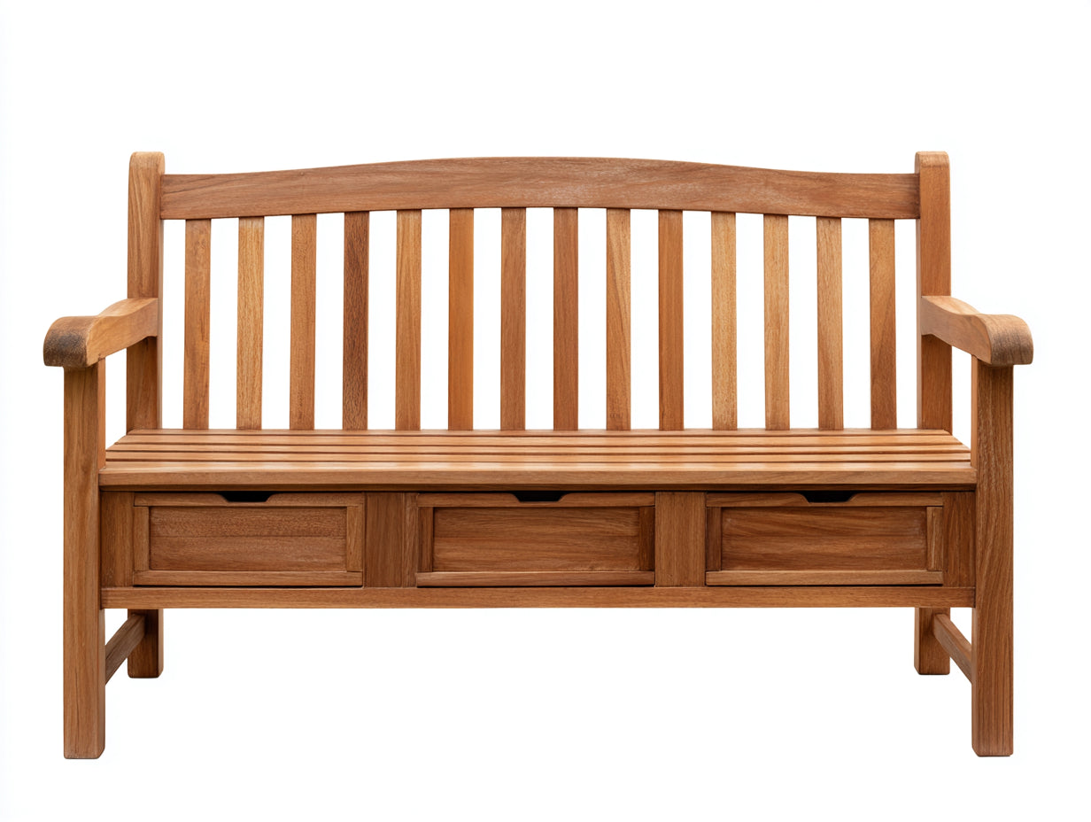 Gartenbank aus Holz 150 x 60 x 90 cm - Naturbraun - Klassisches Design mit Rückenlehne Armlehnen und 3 Schubladen