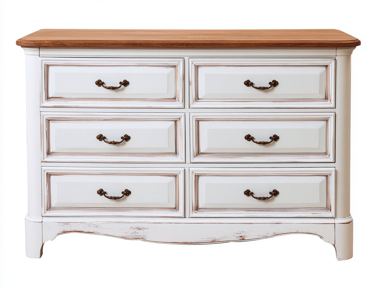 Kommode mit Schubladen aus Holz 110 x 42 x 82 cm - Weiß und Natur - 6 Schubladen für Schlafzimmer und Flur im Landhausstil