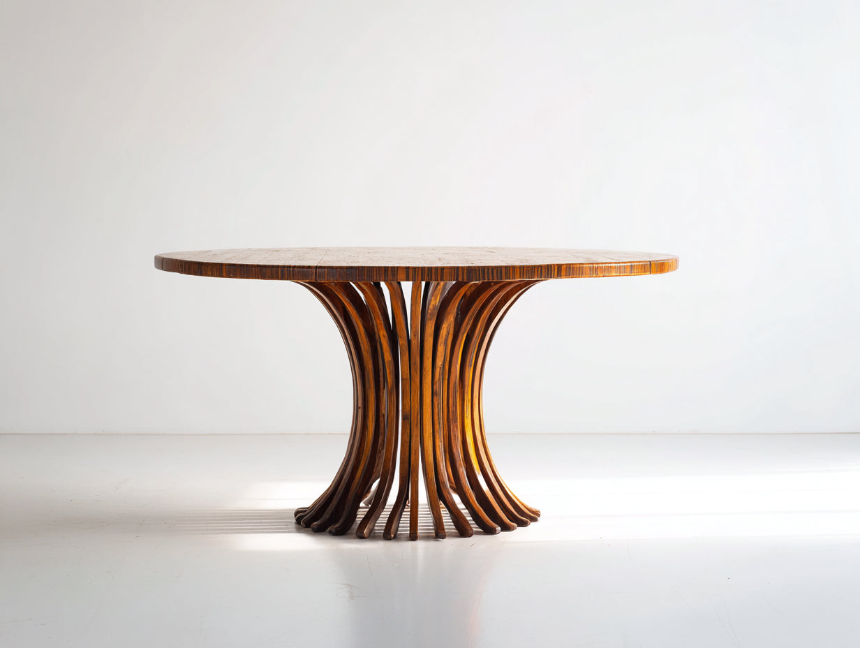 Gartentisch aus Holz 120 x 120 x 76 cm - Dunkelbraun - rund mit geschwungenem Säulenfuß
