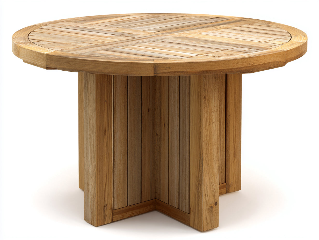 Gartentisch rund aus Massivholz 110 x 110 x 75 cm - Naturbraun - Lamellenplatte mit stabilem Säulenfuß