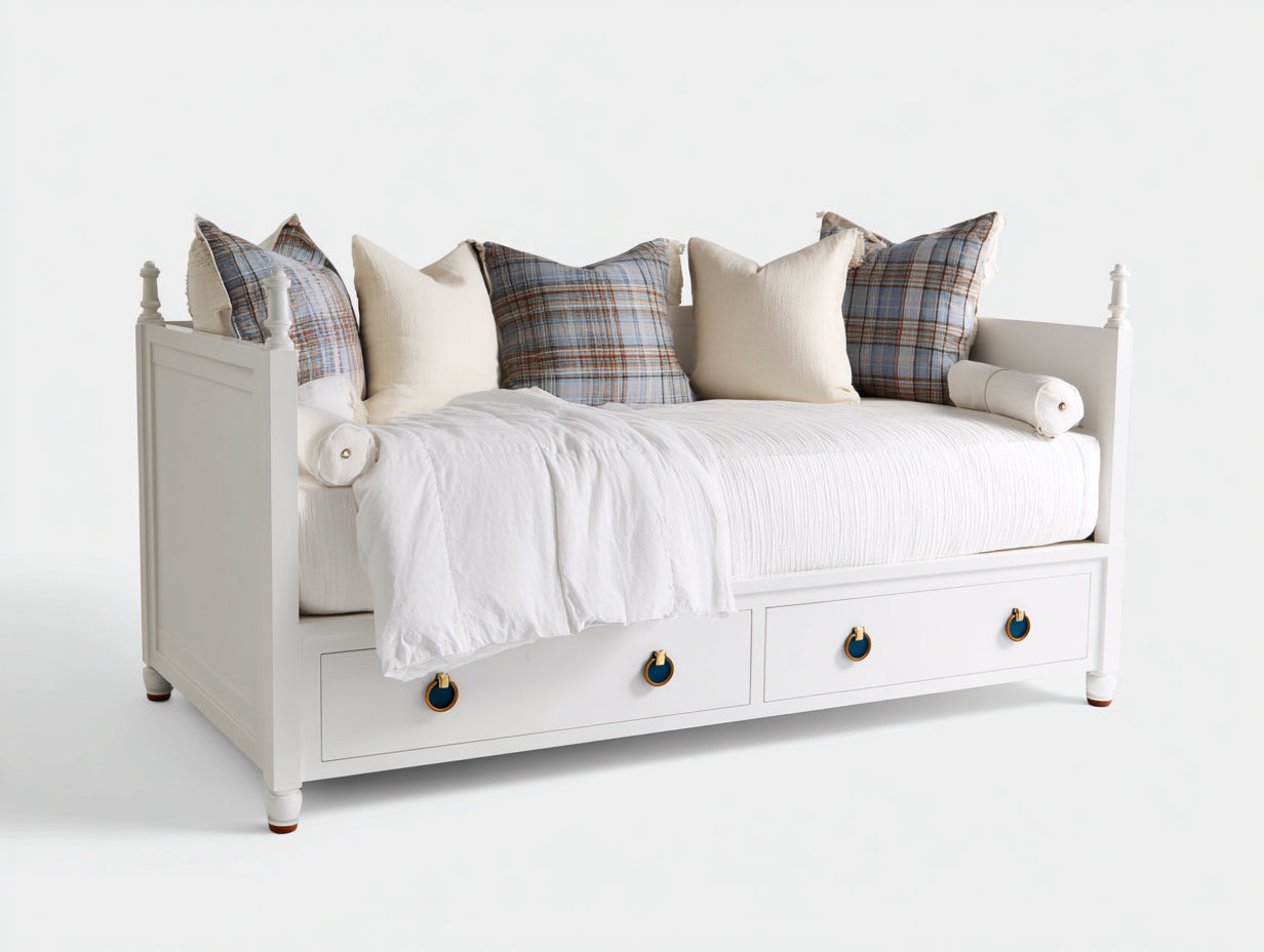 Schlafsofa aus Holzwerkstoff mit Stoffpolster 212 x 100 x 96 cm - Weiß - Klassisches Design mit 2 Schubladen