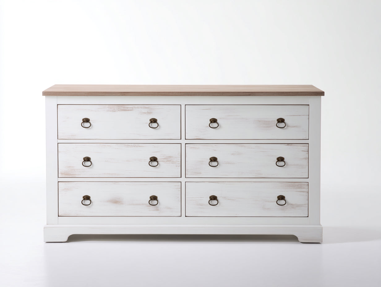 Kommode mit Schubladen aus Holzwerkstoff 140 x 45 x 90 cm für Schlafzimmer und Flur - Weiß-Natur - Landhausstil mit 6 Schubladen