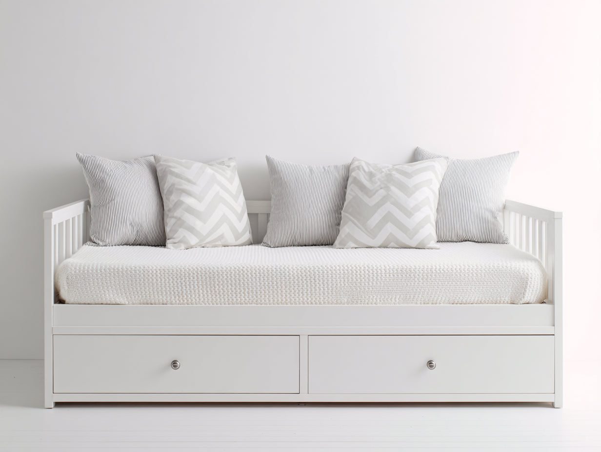 Schlafsofa aus Holzwerkstoff 205 x 90 x 85 cm - Weiß - mit 2 Schubladen im skandinavischen Stil