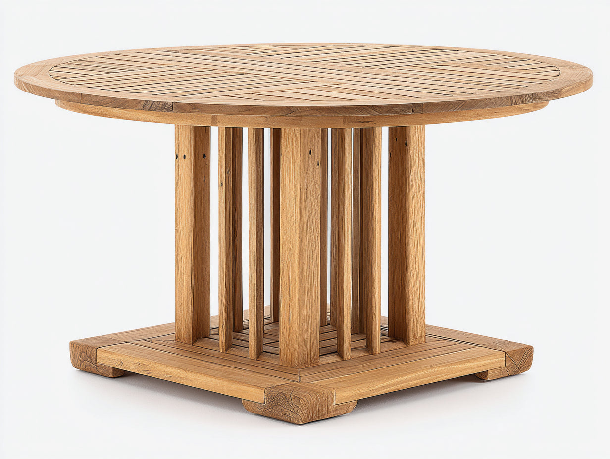 Gartentisch aus Holz 120x120x75 cm - Naturbraun - runde Lamellenplatte mit zentralem Säulengestell
