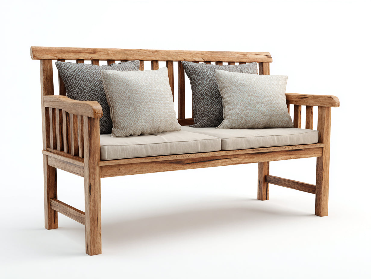 Gartenbank aus Holz 140 x 65 x 90 cm - Naturbraun und Beige - Landhausstil mit Rückenlehne Armlehnen und 2 Sitzauflagen